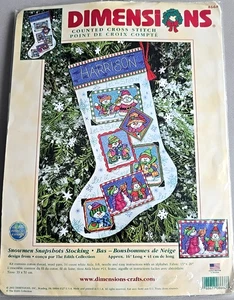 Dimensions Vtg 2001 Counted Cross Stitch Kit 8668 Snowmen Snapshots Stocking 16" - Picture 1 of 4
