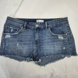 Zara denim distressed frayed short shorts size 10 blue modern preppy classic - Picture 1 of 6
