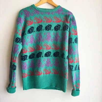 Vintage Chaps Ralph Lauren Teal Bunny Dog Bear Wool Sweater M - Image 1 of 4