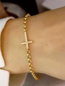 2Ct Round Cut Simulated Diamond Cross Chain Bracelet 14k Yellow Gold Plated - Picture 1 of 10