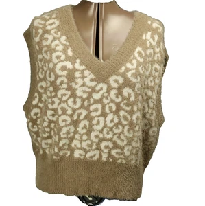 Jessica Simpson flauschiger Strick Leopardenmuster Pullover Weste ärmellos hellbraun & weiß L - Bild 1 von 18