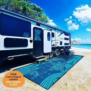 RECYCLED Plastic Outdoor Rug | TURTLE RISING Design, 2.4x5m Blue - Picture 1 of 7