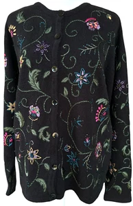 Talbots Cardigan Sweater Sz L Black Embroidered Floral Beaded VTG - Picture 1 of 9