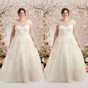 Plus Size Wedding Dresses Cap Sleeve Lace Applique Tulle Full Length Bridal Gown - Picture 1 of 9