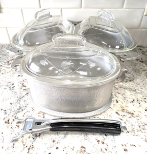 Vintage Guardian Service Aluminum Triangle Pans w Glass Lids, Set of 3, 1 Handle - Picture 1 of 14