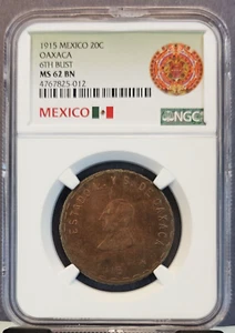 1915 MEXICO 20 CENTAVOS 20C OAXACA 6TH BUST NGC MS 62 BN GREAT COIN - Picture 1 of 3