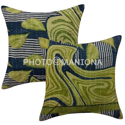 Kantha Green Floral Throw kantha Pillow Cover sofa/bed decor quilted cushion 2pc - Image 1 of 4