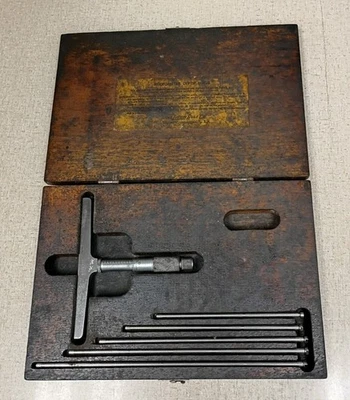 Lufkin Rule Co. No. 515 宽底座深度千分尺 0-6 英寸套装带木箱 — 第 1/4 张图片