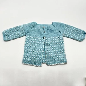 VTG 50s 60s Baby Hand Knit Infant 0-3 Months Sweater Cardigan Baby Blue/White - Picture 1 of 7