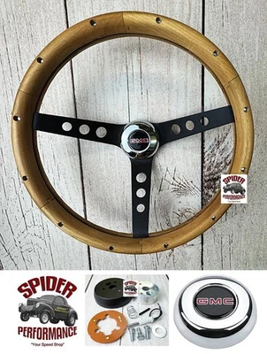 1970-73 Jimmy Suburban van GMC pickup wood steering wheel 13 1/2" WALNUT BLK SPK - Image 1 of 4