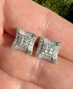 Real Moissanite Men's Baguette Cut 2Ct Kite Stud Earrings 14k Yellow Gold Plated - Picture 1 of 9