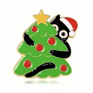 Cartoon Black Cat Holding A Big CHRISTMAS Tree and Wearing A Santa Hat Alloy Pin - Picture 1 of 4