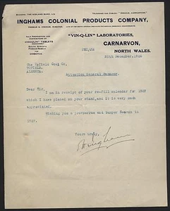 WALES Letterhead. Inghams Colonial Products, Wales 1926 - Bild 1 von 1