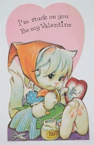 VINTAGE VALENTINE CARD WHITE KITTY CAT SCARF STUCK ON YOU BE MY VALENTINE 1960s - Bild 1 von 1