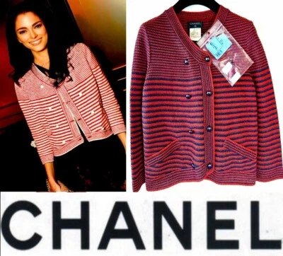 Como Nuevo Chanel 2015 Rojo Azul Rayas Chaqueta 34 36 38 2 4 6 Suéter Abrigo Top S M Foto 1 de 4