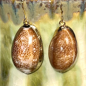 Gold Tone Snakehead Cowrie Shell Dangle Earrings. Ocean. Sea. S712 - Picture 1 of 4