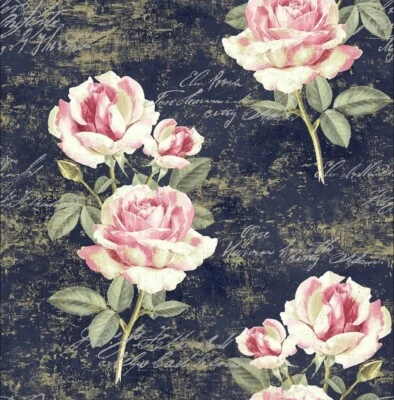 Papel Pintado Rojo Rosa Verde Grande Floral en Azul Marino Dorado y Estaño Guión 56 Pies Cuadrados Perno Foto 1 de 2