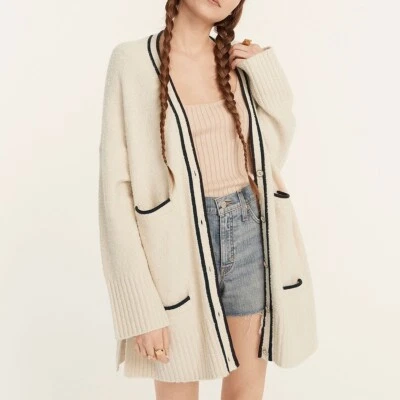 J Crew NWOT $158 Relaxed Boucle Cardigan Sweater in Ivory and Navy | Sz L/XL - Image 1 of 4