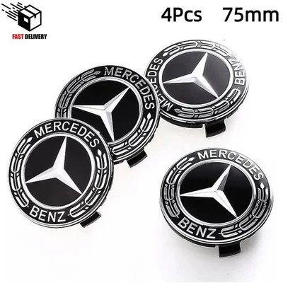4PCS For Mercedes Benz Wheel Rims Center Hub Caps Wreath AMG 75mm Black Classic - Image 1 of 4