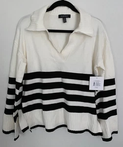 Suéter túnica boho náutica Ellen Tracy crema negra a rayas L/S para mujer M - Imagen 1 de 9