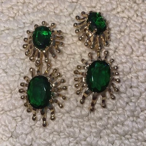 Pendientes Hutton Wilkinson Vintage Verde Esmeralda Colgantes Estrás Patrimonio Clip - Imagen 1 de 11