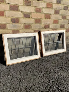 Pair Of Reclaimed Leaded Light Panel Wooden Windows - Picture 1 of 9