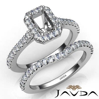 Emerald Cut Diamond Engagement Ring Halo U Cut Pave Bridal Set Semi Mount 1Ctw. - Image 1 of 4