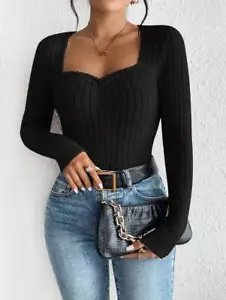 Damen Herbst Strick Unterteil T-Shirt Vorne Brust Winter Neu Plissee Slim - Bild 1 von 6