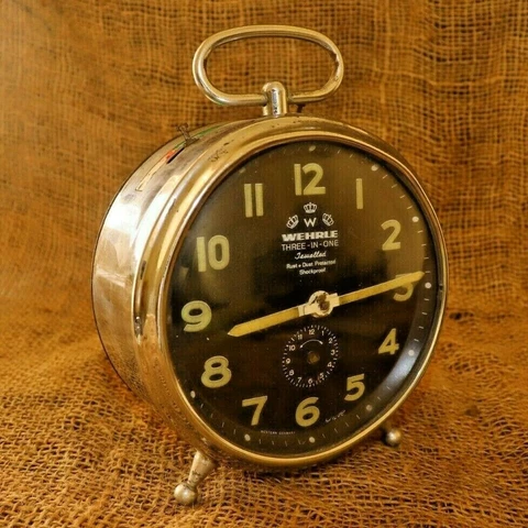 Vintage Alarm Clock WEHRLE 3 in 1 Alarm Clock Black Dial Mantel alarm Chrome #54 Cover
