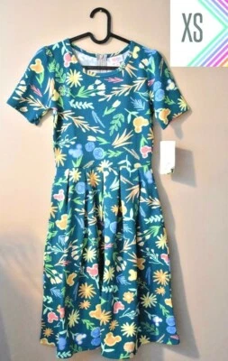 NWT XS (2-4) Mickey Mouse Roses LuLaRoe Disney Amelia Women's Teal Green Pockets - Image 1 of 2