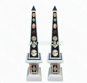12" two white Marble Obelisk malachite Pietra Dura Inlay home decor dining room - Imagen 1 de 4