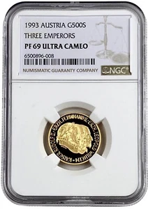 1993 Austria Three Emperors Gold 500 Schilling 0.2571 oz Proof Coin NGC PF 69 UC - Picture 1 of 2