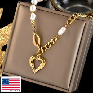 Woman 18K Gold Plated Stainless Steel Heart Baroque Pearl Chain Necklace 17.7''