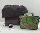 Coach Lime Green Suede And Signature Khaki Large Tote Handbag With Box