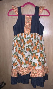 Girls boutique hand made pumpkin dress guc denim jean orange 10 12 14 - Picture 1 of 5