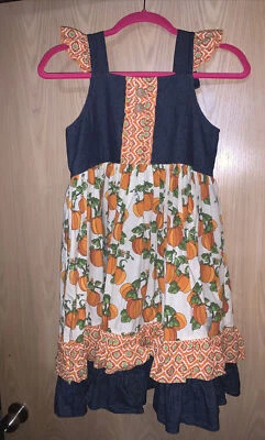 Niñas Boutique Hecho a Mano Calabaza Vestido GUC Denim Jean Naranja 10 12 14 Foto 1 de 4