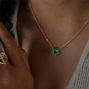 Dark Green Jade Flower Pendant Necklace Amulet Protection Dainty Minimalist - Picture 1 of 6
