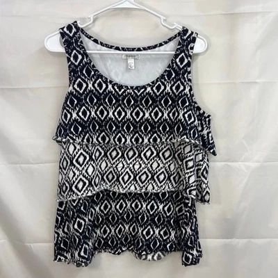 Dressbarn women's black white geometric tiered ruffle lined tank top casual PL - Image 1 of 4