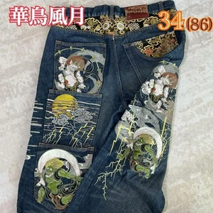 Kacho Fugetsu Men's Denim Jeans Pants Fujin Raijin Embroidered Blue Size 34 USED - Picture 1 of 9