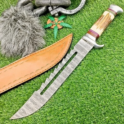 CUSTOM Handmade DAMASCUS STEEL KNIFE Hunting Knife Bowie KNIFE W/SHEATH M-420 - Image 1 of 4