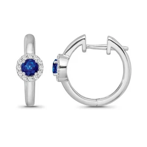 10k White Gold Natural Diamond & Blue Sapphire Halo Hoop Earrings for Women - Picture 1 of 3