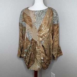VTG MON-LIZE 80s Tunic Top MED/LG Mixed Media Made France Brown Artsy Lagenlook - Picture 1 of 12