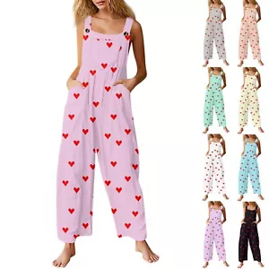 Women's Casual Jumpsuit Sleeveless Love Print Cotton Jumpsuit - Picture 1 of 39