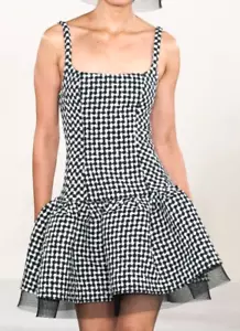 Carolina Herrera 2023 Runway Black White Houndstooth Tweed Ruffle Hem Dress US 2 - Picture 1 of 10
