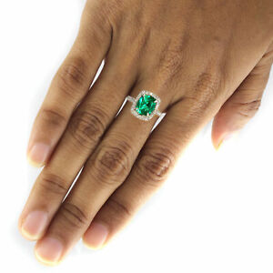7mm Cushion Cut Emerald Halo Pave Diamonds 14K Gold Engagement Ring