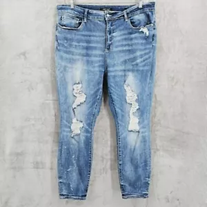 Jeans Judy Blue 22W lavado medio blanqueado desgastado calce ajustado elástico tiro alto - Imagen 1 de 14