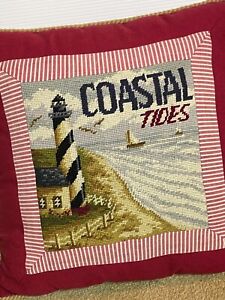 NEW Handmade Wool Needlepoint Throw Pillow Coastal Lighthouse Cover + Insert 18"
