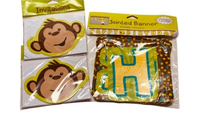 NEW Unisex MONKEY FACE Birthday Party INVITATIONS 16 Invites +Matching BANNER  - Image 1 of 4