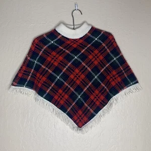 St.Michael Orion Red Blue Green Tartan Plaid Fringed Poncho Kids Size Age 5-8 - Picture 1 of 7