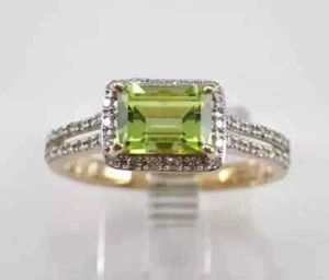 Engagement Ring 14K White Gold Plated 3Ct Emerald Cut Lab-Created Peridot Halo - Picture 1 of 5